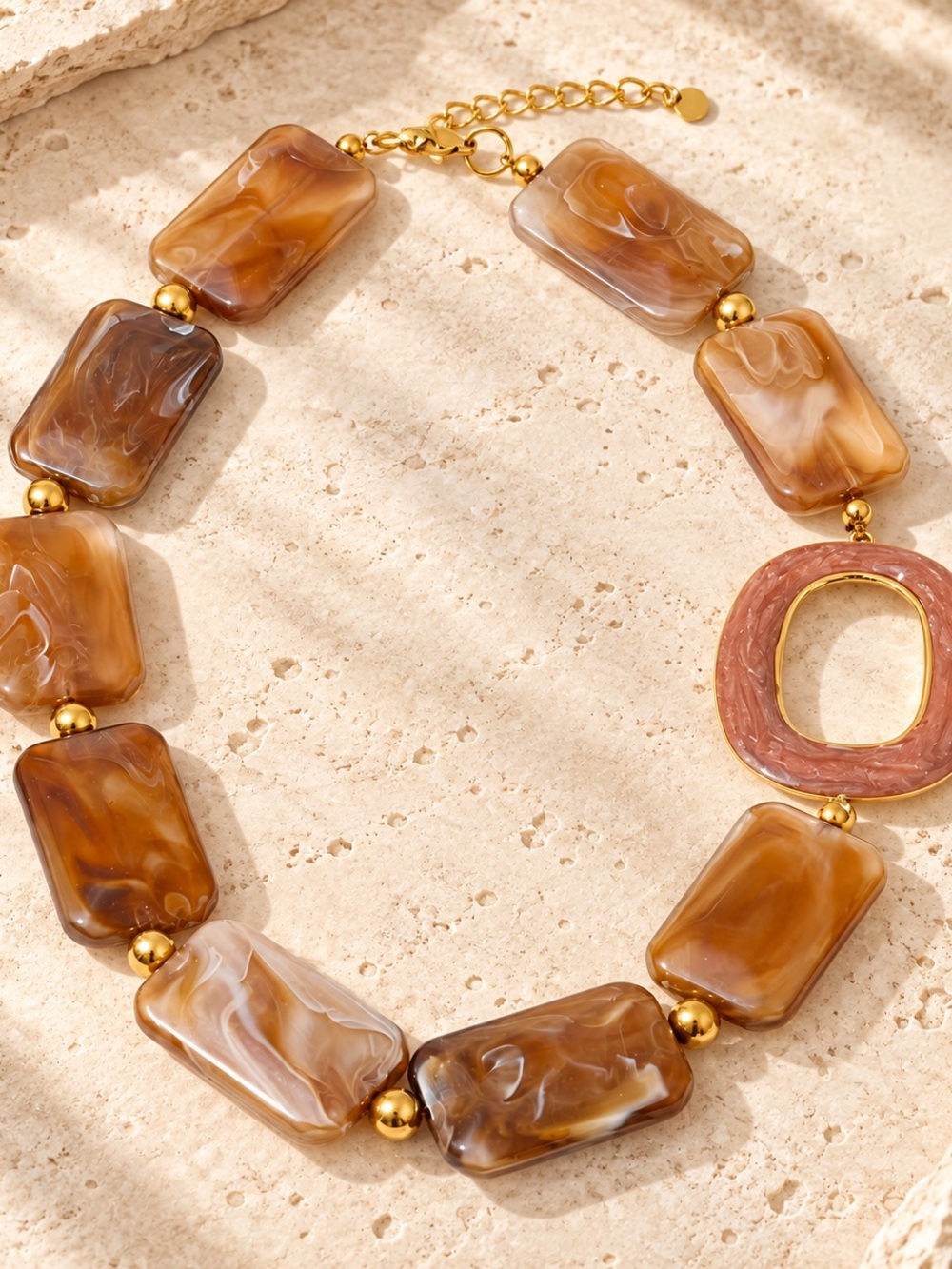 Gold-Tone Brown Marbled Resin Statement Necklace